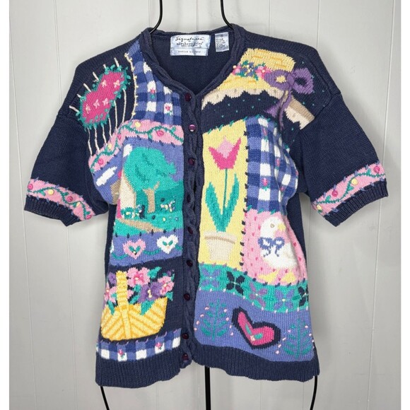 Vintage Northern Isles Sz M Women  Short Sleeve Sweater Cardigan Duck Flowers - Picture 1 of 9